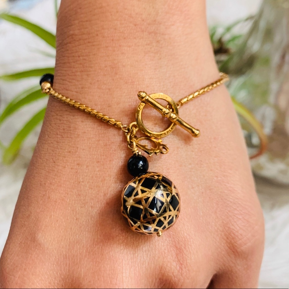 CHRISTIAN DIOR T-BAR BLACK GOLD CHARM BRACELET